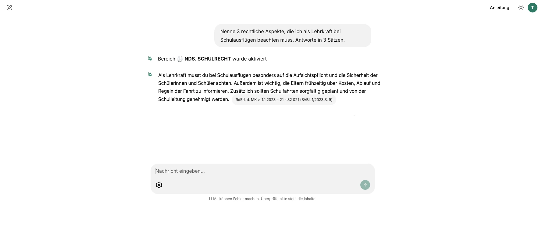 Chat-Interface für Schulrecht Niedersachsen